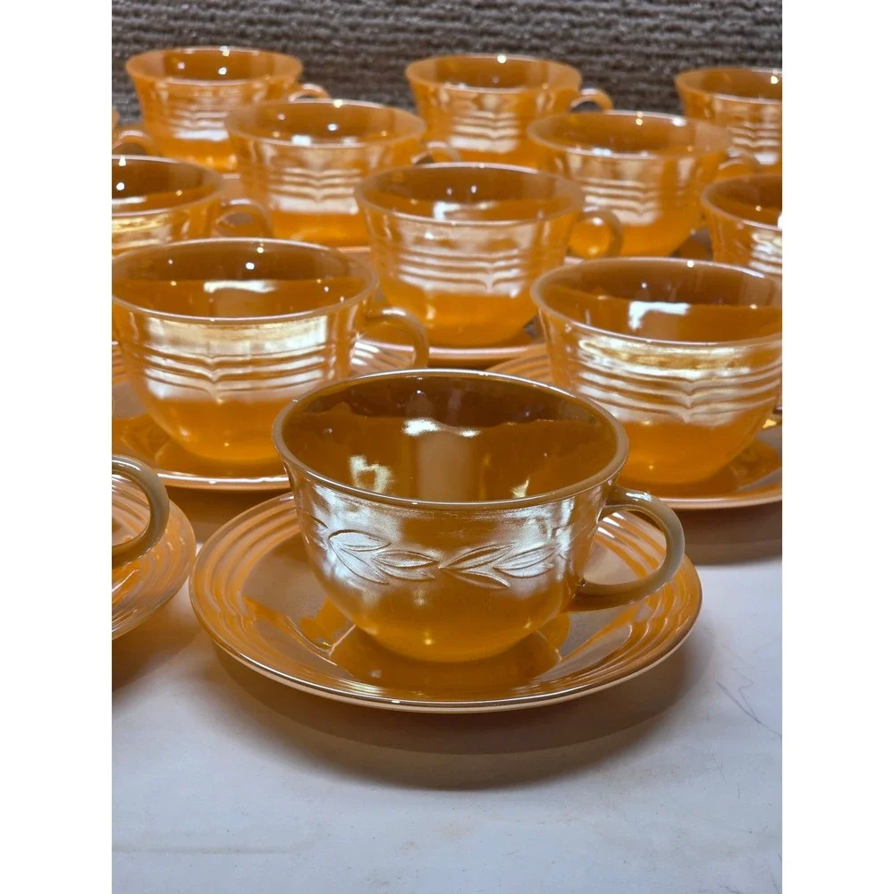 Fire-King Peach Lustre Laurel Tea Cup Saucer Set Anchor‎ Hocking Milk Glass 38pc